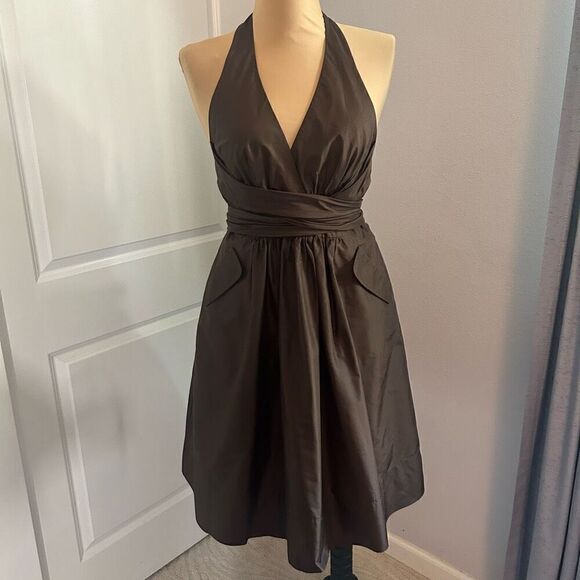BCBG Maxazria Brown Halter Silk Bow Wrap Midi Dress 8 - Picture 1 of 7